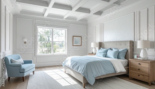 bedroom, soft baby blue, doors, windows, white, coffered beamed ceiling, bed, headboard, quilt, comforter, pictures, wood floors, cozy, comfortable, interior design
