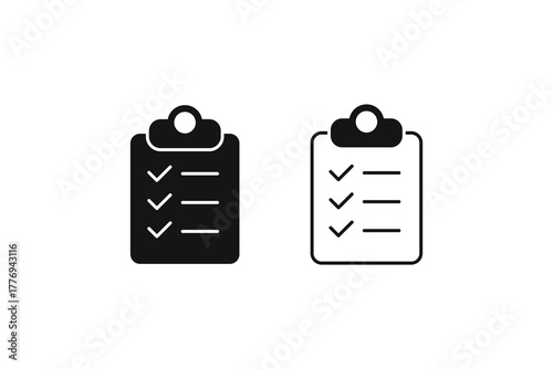Approved checklist vector icons set, featuring solid and outline styles for completed tasks