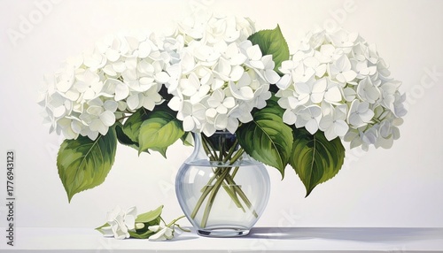 white hydrangeas, vast, painting, watercolor, still life, green, leaves, leaf, ambient, wall art