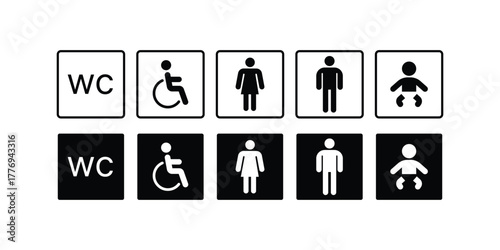 WC or restroom sign vector icons set with disabled, male, female, and baby symbols in line and solid styles