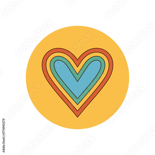 Retro groovy heart in a colorful circle forms a playful love sticker. The seal acts as bold package lid accent. Graphic y2k symbol ideal for label or decorative closure.