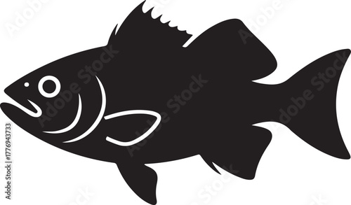 Black silhouette of a fish with white eye and mouth details icon vector