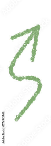 Green crayon swirl arrow sketch in chalk style. Hand drawn turn, up pointer as unique element and playful symbol, ideal for accent or modern communication design concepts.