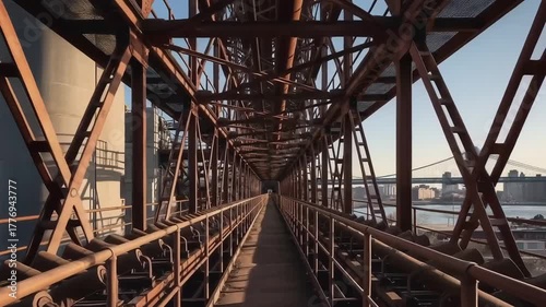 Wallpaper Mural Industrial Bridge Walkway: Rusting Steel Structure with Cityscape View Torontodigital.ca