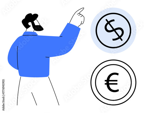 Man pointing at dollar and euro signs, highlighting financial choices and global economy. Ideal for banking, investment, economics, currency exchange, international trade, business strategy. Simple