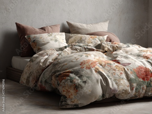 A cozy bed adorned with floral bedding. The soft linens and plush pillows create an inviting space, promising rest and relaxation.