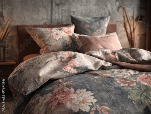 A cozy bedroom setting showcases floral patterned bedding, offering a tranquil and stylish retreat for rest and relaxation after a long day.