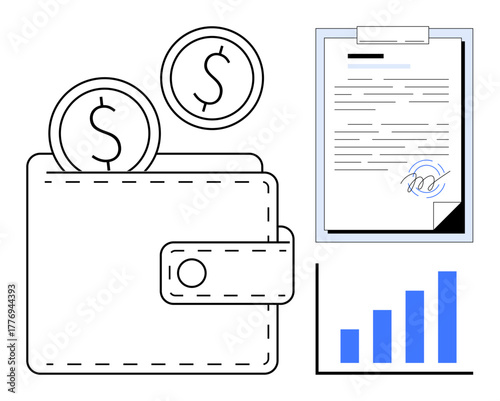 Wallet with coins, signed contract, and bar chart illustrating financial management, agreements, investment, business, strategy, budgeting and growth opportunities. Simple flat metaphor