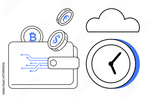 Cryptocurrency coins entering digital wallet, cloud overhead, clock representing time. Ideal for finance, blockchain, technology, time management, data innovation and investment. Clean and simple