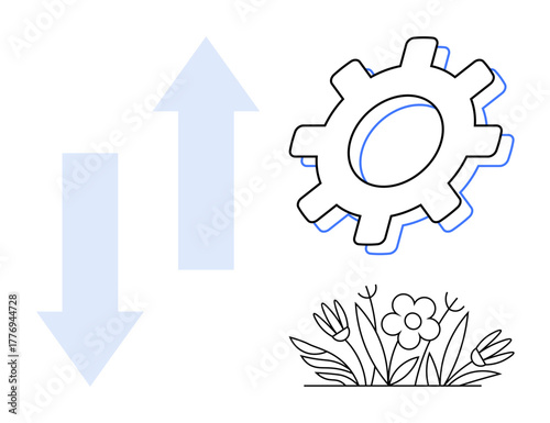 Gear representing mechanism beside up and down arrows for dynamics, with flowers symbolizing growth. Ideal for growth, progress, change, balance, sustainability, innovation, process simple flat
