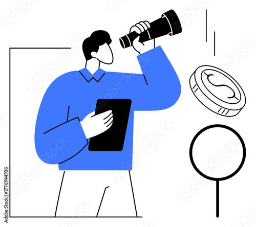 Person holding telescope and tablet, observing. Nearby coin symbolizes finance magnifying glass suggests analysis, discovery, goal pursuit. Ideal for business, investment, research, planning