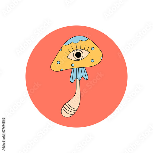 Groovy psychedelic mushroom with prominent eye in retro circle sticker. Magic flat sticker as y2k label for package lid. Playful style for creative packaging or product tag.