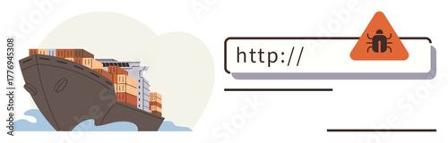 Cargo ship transporting containers over the ocean adjacent to browser URL bug alert. Ideal for cybersecurity, digital trade, shipping, logistics, malware, online fraud, transportation. Simple flat