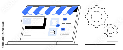 Laptop displaying online store layout under a striped shop canopy with gear icons for customization. Ideal for online shopping, marketing, e-commerce, web design, digital business, optimization