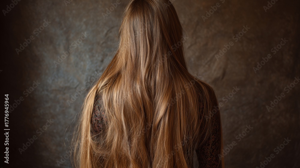 Naklejka premium Long brown hair flowing down a person's back against a textured background in a muted light setting