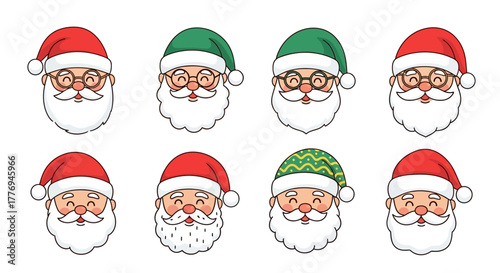 A festive collection of cute cartoon Santa Claus head icons, showcasing various expressions and colorful hats for Christmas and New Year holiday designs