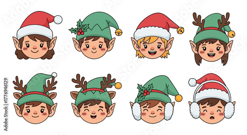 A delightful collection of cute Christmas elf faces, each radiating holiday cheer and festive charm, perfect for seasonal designs and joyful celebrations