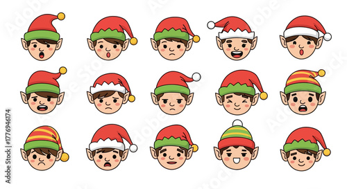 Collection of elf faces expressing different emotions like happiness, sadness, and surprise, ideal for holiday designs