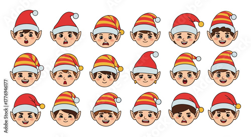 A charming collection of animated elf faces showcasing a wide range of festive emotions, ideal for holiday designs, seasonal projects, and character illustrations