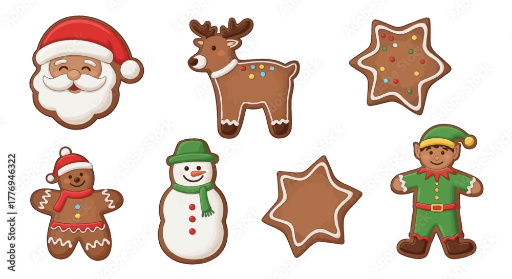 Fototapeta premium Sweet and whimsical gingerbread holiday cookie set, showcasing traditional Christmas figures like Santa Claus, a festive reindeer, a cheerful snowman, and an elf, perfect for seasonal designs
