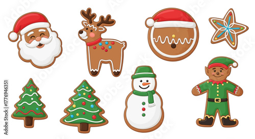 A delightful assortment of festive gingerbread cookies featuring classic holiday characters like Santa, reindeer, snowman, and elves, perfect for seasonal celebrations and sweet treats