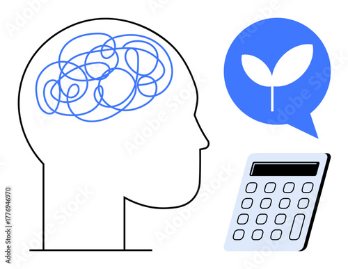Head profile with tangled lines in the brain, speech bubble with leaf, and calculator. Ideal for mental health, sustainability, decision-making, strategy, problem-solving education. Simple flat