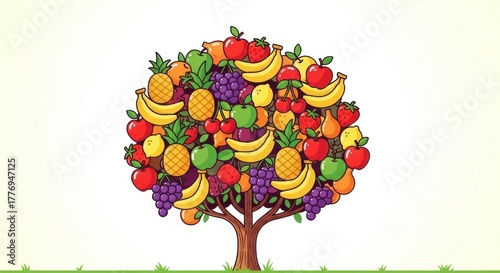 Abundant fruit tree illustration. Illustration of a fruit tree with various fruits such as apples, bananas, grapes, and pineapples