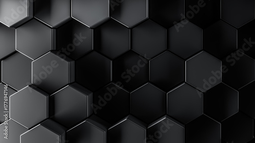 Fototapeta Naklejka Na Ścianę i Meble -  3d render of geometric tech pattern or dark abstract hexagon background. Smooth black honeycomb shapes for dark shadowy backgrounds.