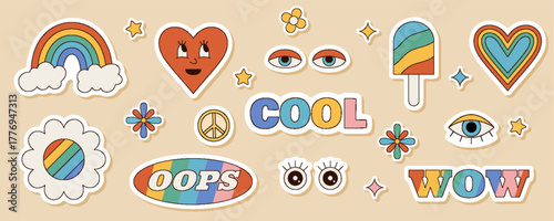 Groovy retro sticker set in colorful cartoon y2k style with heart, flower, eye, peace element and rainbow. Funky wow set of cool and playful groovy element for trendy collection vintage pop art.