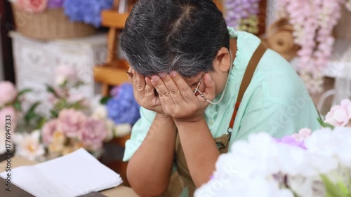 Senior woman entrepreneur struggling to understand computer technology, overwhelmed by modern systems in computer, elderly aging people learning digital online, florist shop owner lacks digital skills
