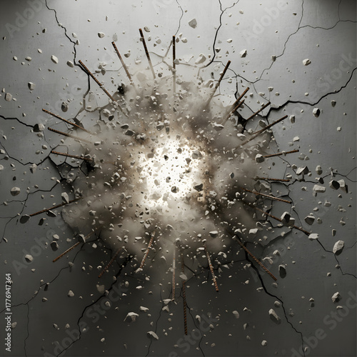 breaking wall with small rock pieces, concrete fragmentation and debris explosion, destruction effect with flying particles and cracks, demolition concept isolated on transparent background