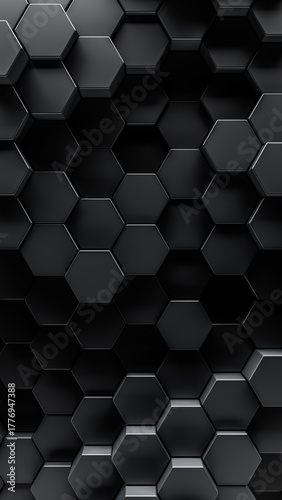 3d render of geometric tech pattern or dark abstract hexagon background. Smooth black honeycomb shapes for dark shadowy backgrounds.