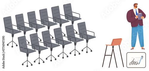 Rows of modern office chairs, businessman holding clipboard near tall stool and signed document. Ideal for leadership, recruitment, management, decision-making, planning, organization, teamwork
