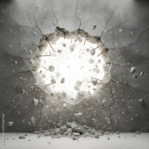 breaking wall with small rock pieces, concrete fragmentation and debris explosion, destruction effect with flying particles and cracks, demolition concept isolated on transparent background