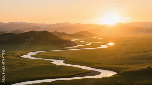 Start of Autumn solar term grassland river sunrise natural scenery travel background