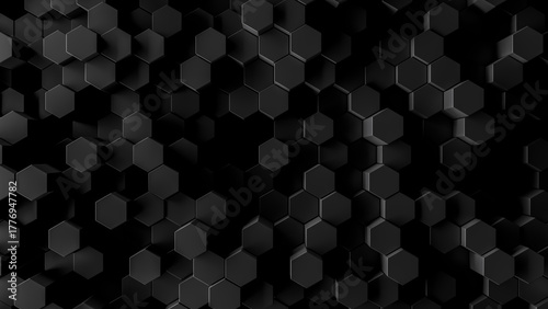 Fototapeta Naklejka Na Ścianę i Meble -  3d render of geometric tech pattern or dark abstract hexagon background. Smooth black honeycomb shapes for dark shadowy backgrounds.