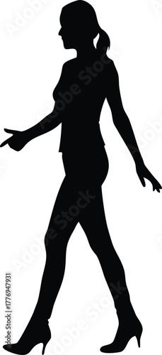 Silhouette of Woman Walking in High Heels with Hand Gesture, Vector Illustration Side View