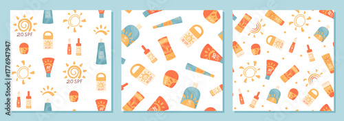 Flat seamless pattern with sunscreen bottle and spf cream tube shapes in a set. Sun lotion container and cream bottle collection create a cosmetic summer background, ideal for packaging or fabric.