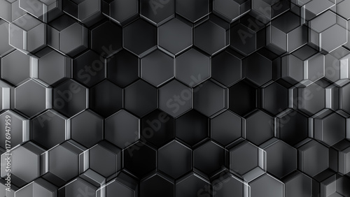 Fototapeta Naklejka Na Ścianę i Meble -  3d render of geometric tech pattern or dark abstract hexagon background. Smooth black honeycomb shapes for dark shadowy backgrounds.