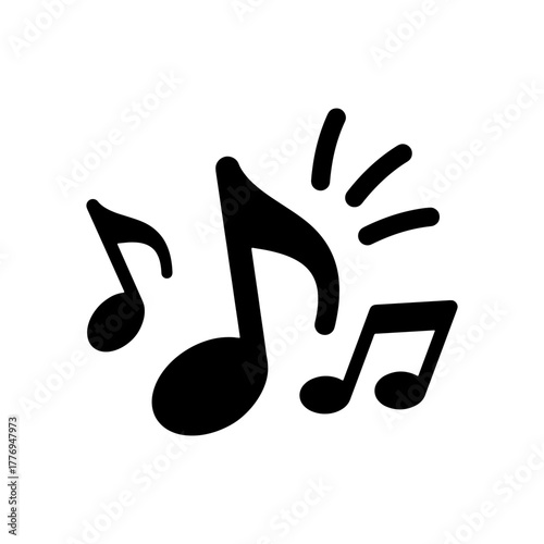 Black and white illustration of musical notes with radiating lines suggesting sound or melody.