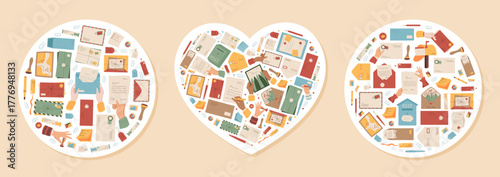 Flat heart shape mail sticker set. Icon collection with letter, envelope, postcard, card, note, stamp details. Creative mail concept, trendy sticker icon for correspondence, greeting, invitation, and