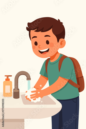 Young boy washing hands with soap at school sink, smiling, flat vector style, clean background