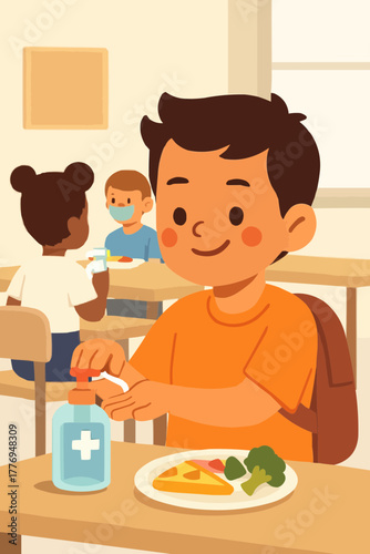 Boy using hand sanitizer before lunch, cafeteria setting, flat vector style