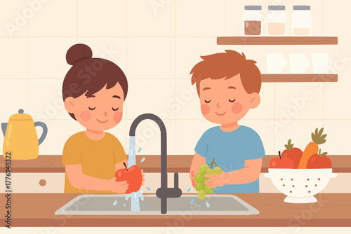 Children washing fruits before eating, kitchen setting, healthy habits, flat vector