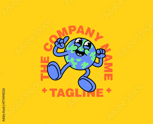 Cute cartoon character logo vector illustration of a happy walking Earth mascot with a curved placeholder for eco-friendly branding, children products, and cheerful environmental-themed designs.