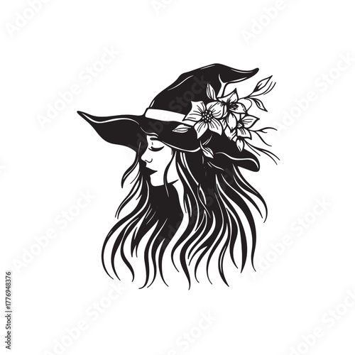 witch in flower hat silhouette vector illustration 