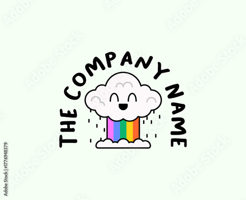 Playful vector illustration of a smiling cloud raining colorful rainbow stripes, Perfect for branding, logo design, children products, creative businesses and cheerful visual identities