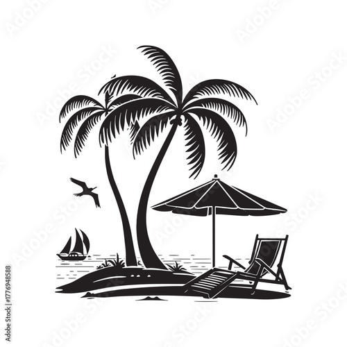 Beach scene silhouette vector illustration 