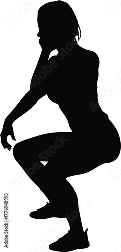 Stylish Female Silhouette in Squat Pose, Urban Streetwear or Fitness Concept Vector Illustration