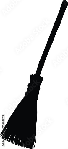 Traditional Witch Broom Silhouette, Diagonal Rustic Broomstick Vector for Halloween and Magic Themes